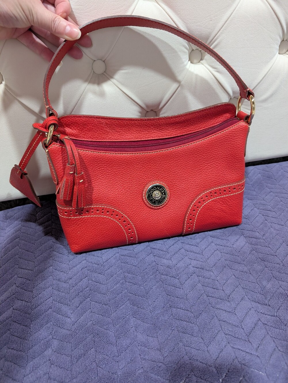 Vintage Authentic Dooney & Bourke Red Pebbled Leather Shoulder Bag with Tassel